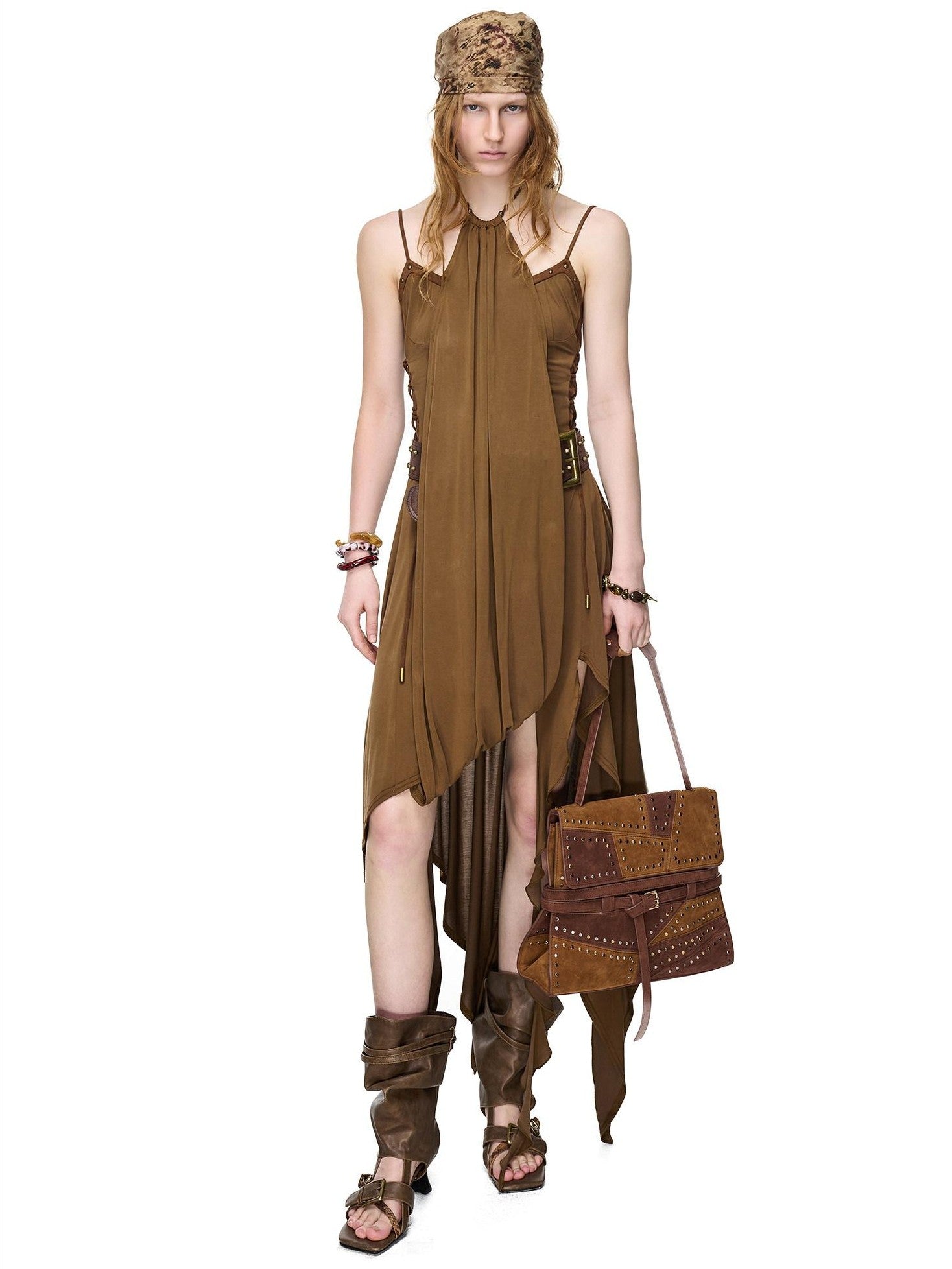 NORTH NODE Starburst Patchwork Halter Asymmetric Ruffle Women&