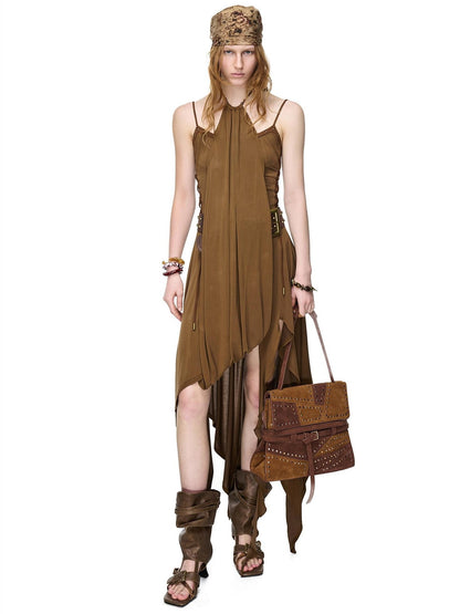 NORTH NODE Starburst Patchwork Halter Asymmetric Ruffle Women&