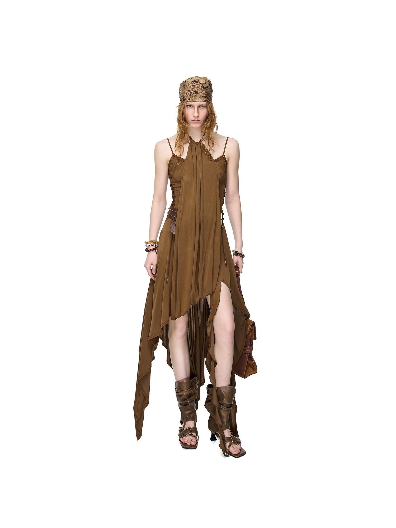 NORTH NODE Starburst Patchwork Halter Asymmetric Ruffle Women&