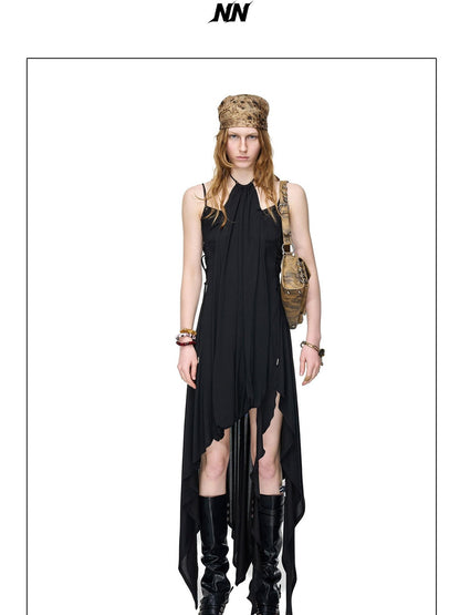 NORTH NODE Starburst Patchwork Halter Asymmetric Ruffle Women&