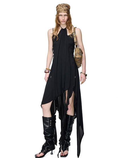 NORTH NODE Starburst Patchwork Halter Asymmetric Ruffle Women&
