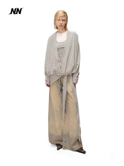 NORTH NODE Striped Detachable Hood Batwing Sleeve Women&