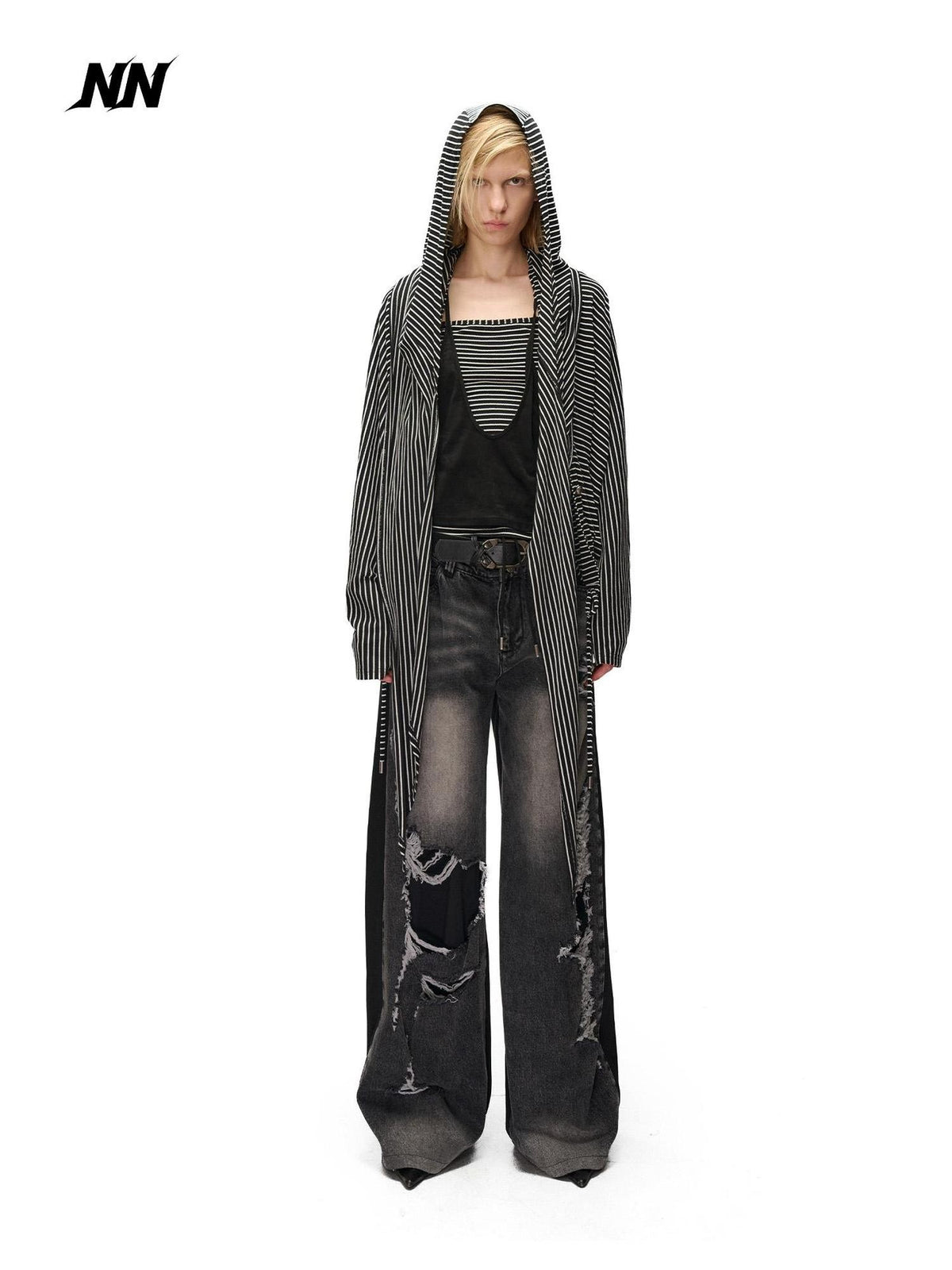 NORTH NODE Striped Detachable Hood Batwing Sleeve Women&
