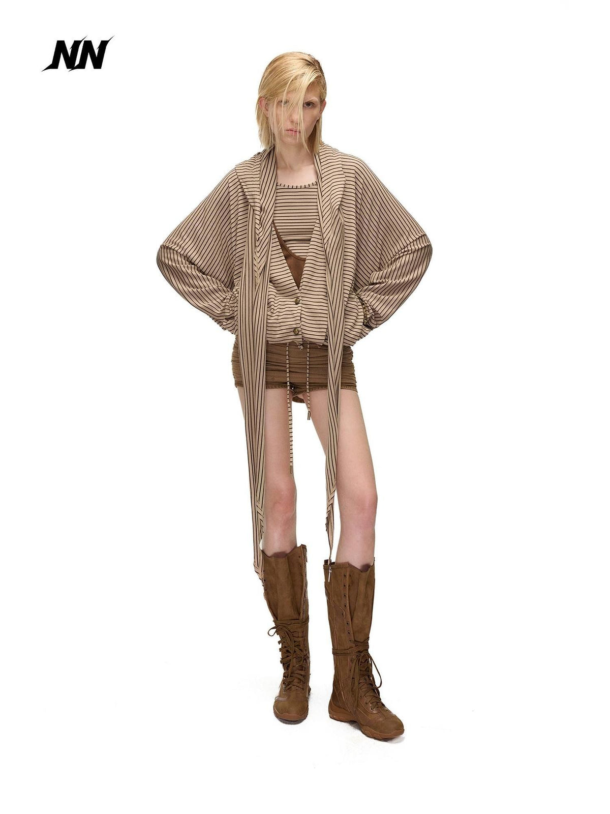 NORTH NODE Striped Detachable Hood Batwing Sleeve Women&