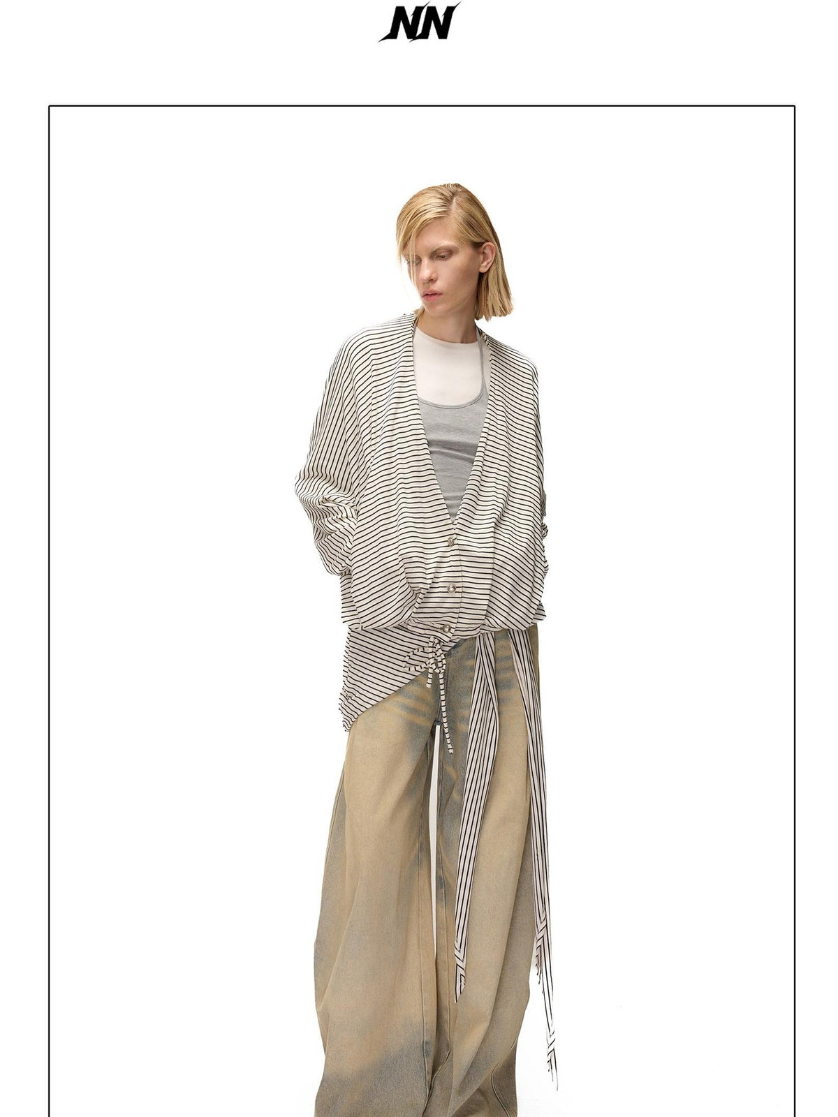 NORTH NODE Striped Detachable Hood Batwing Sleeve Women&