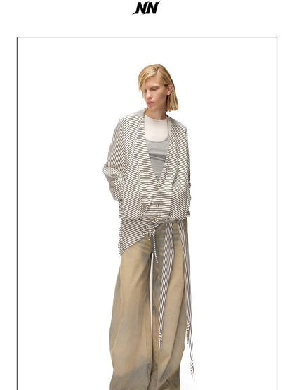 NORTH NODE Striped Detachable Hood Batwing Sleeve Women&