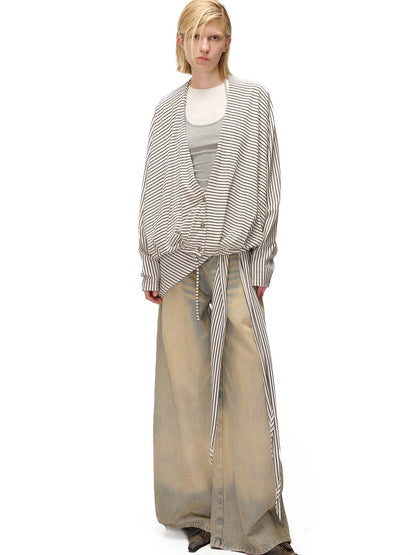NORTH NODE Striped Detachable Hood Batwing Sleeve Women&