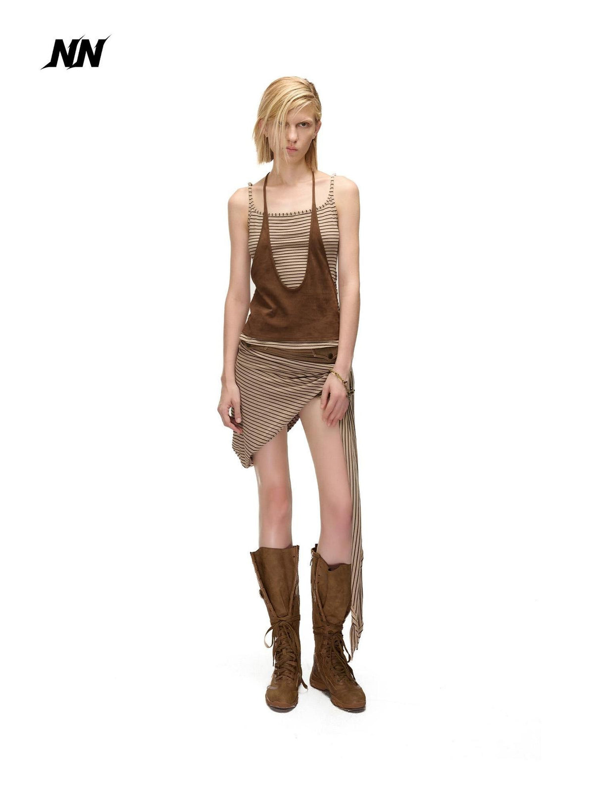 NORTH NODE Striped Faux Layered Halter Neck Patchwork Women&