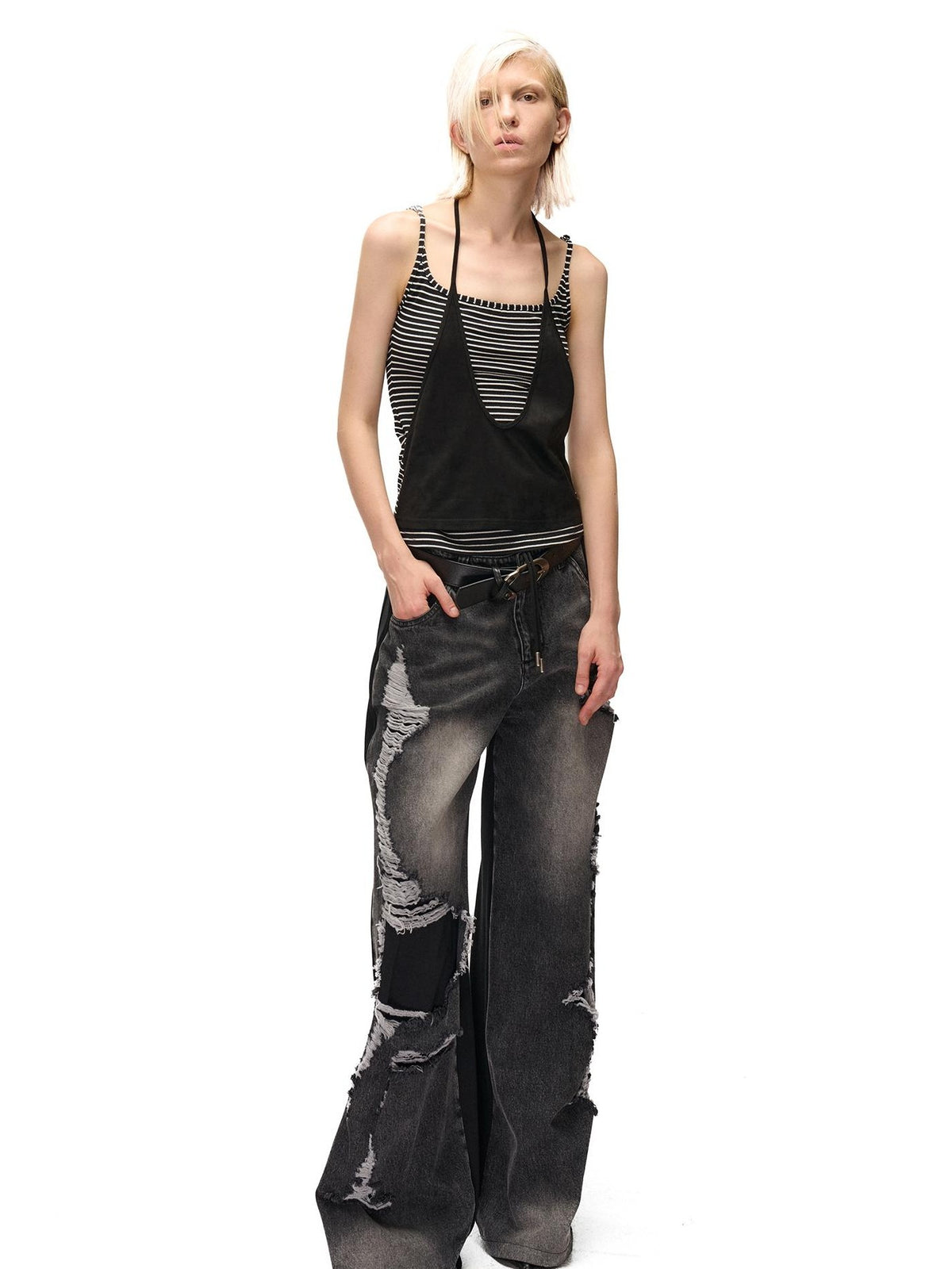 NORTH NODE Striped Faux Layered Halter Neck Patchwork Women&