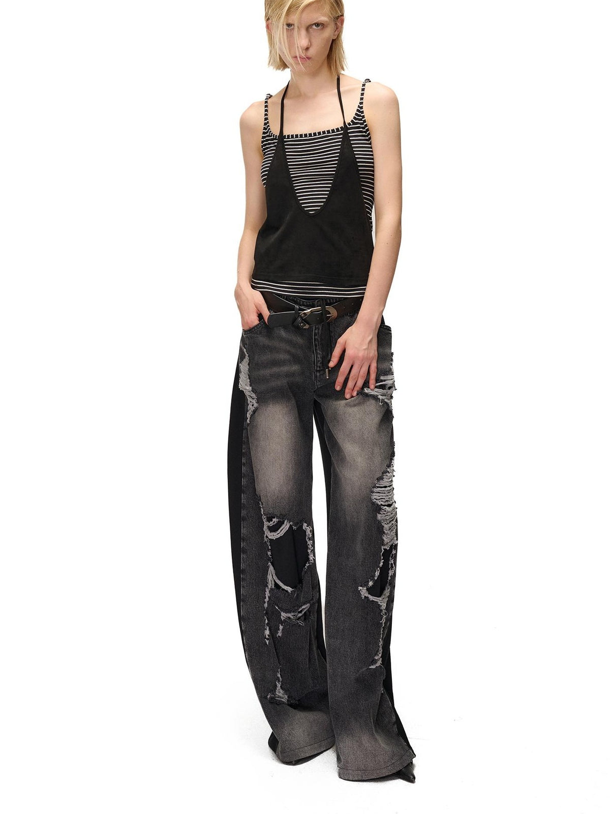 NORTH NODE Striped Faux Layered Halter Neck Patchwork Women&