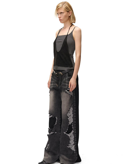 NORTH NODE Striped Faux Layered Halter Neck Patchwork Women&