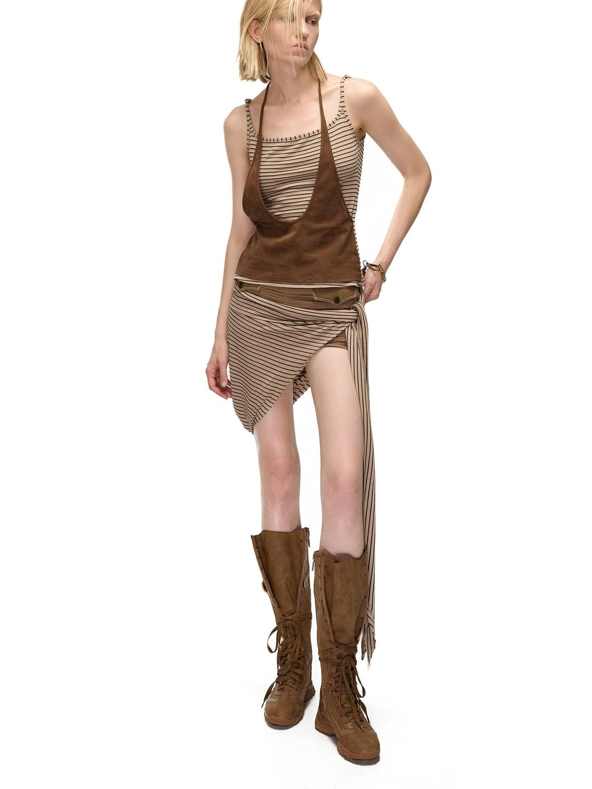 NORTH NODE Striped Faux Layered Halter Neck Patchwork Women&