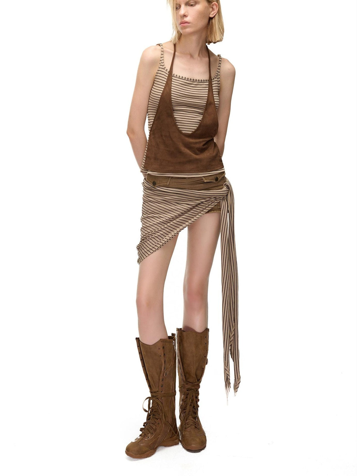 NORTH NODE Striped Faux Layered Halter Neck Patchwork Women&