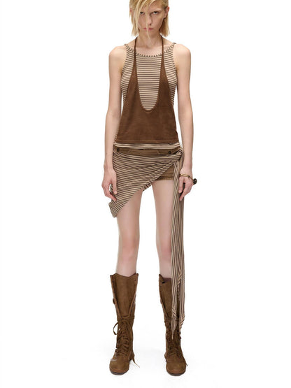NORTH NODE Striped Faux Layered Halter Neck Patchwork Women&