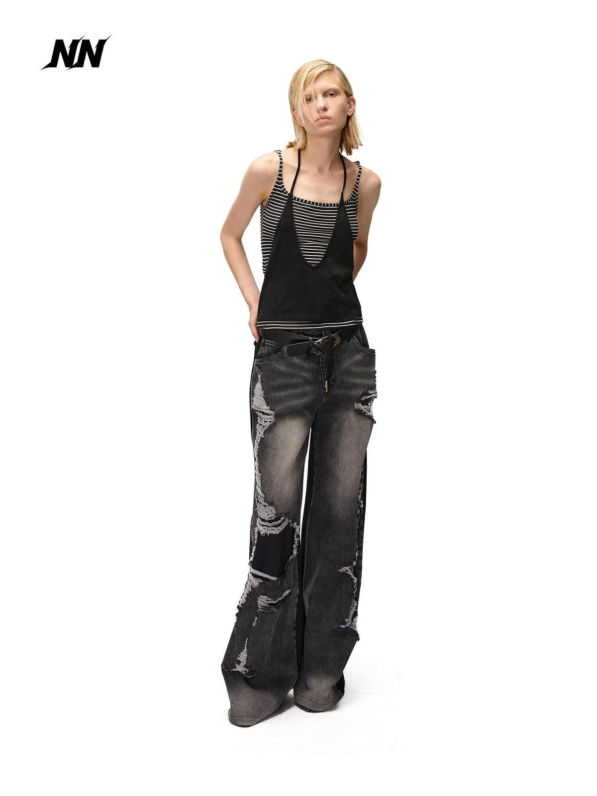 NORTH NODE Striped Faux Layered Halter Neck Patchwork Women&