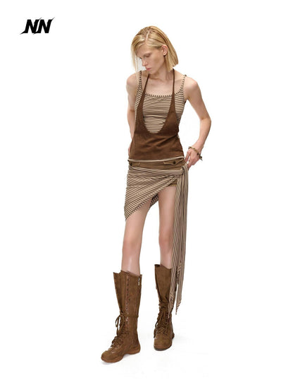 NORTH NODE Striped Faux Layered Halter Neck Patchwork Women&
