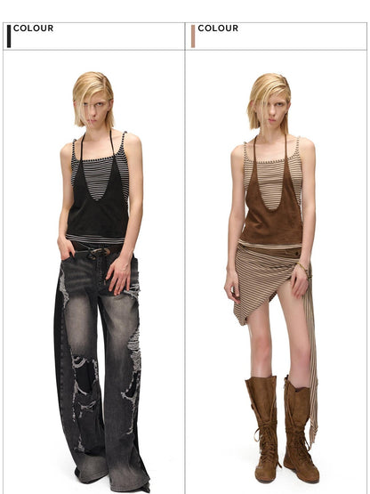 NORTH NODE Striped Faux Layered Halter Neck Patchwork Women&