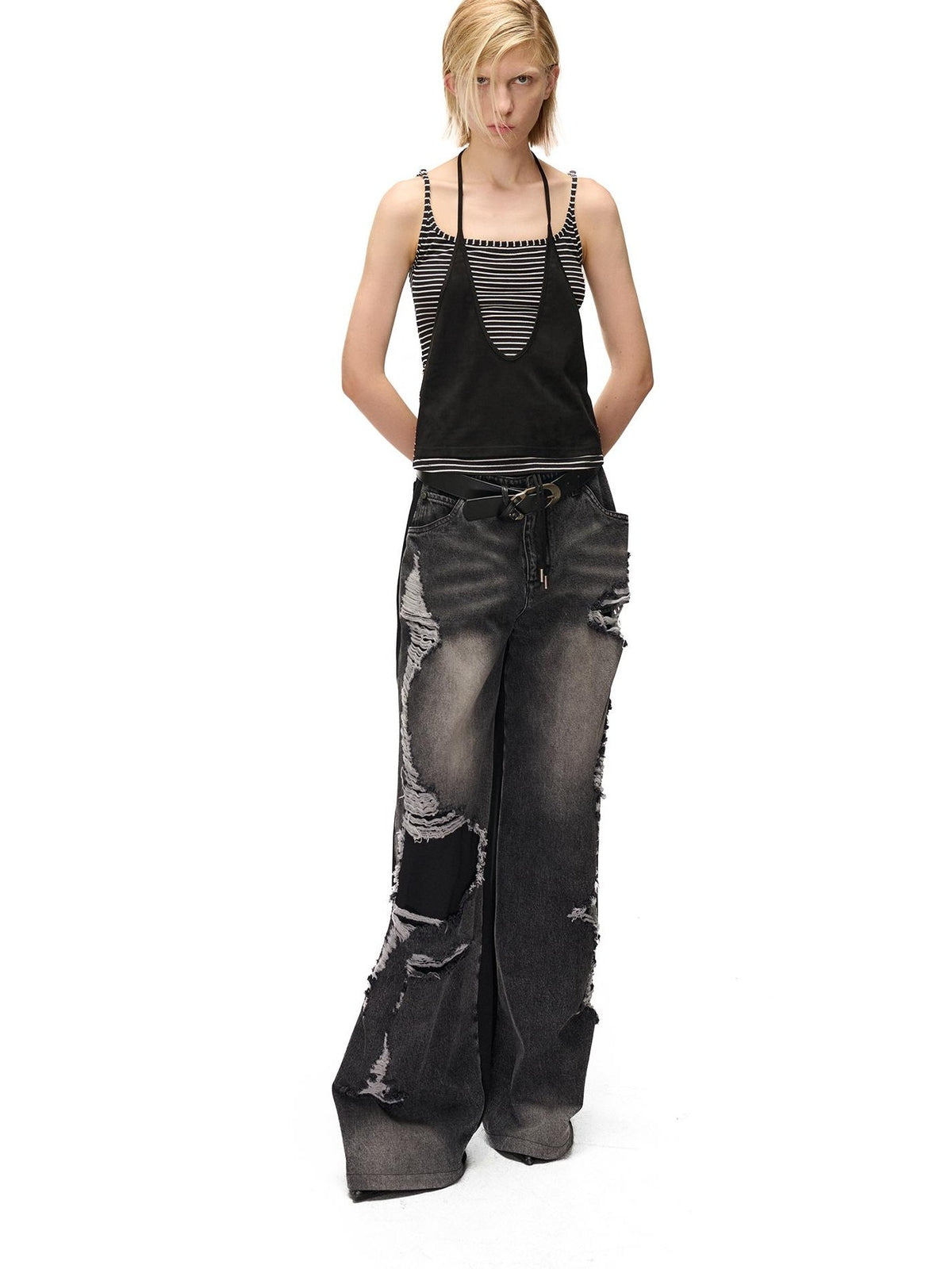 NORTH NODE Striped Faux Layered Halter Neck Patchwork Women&