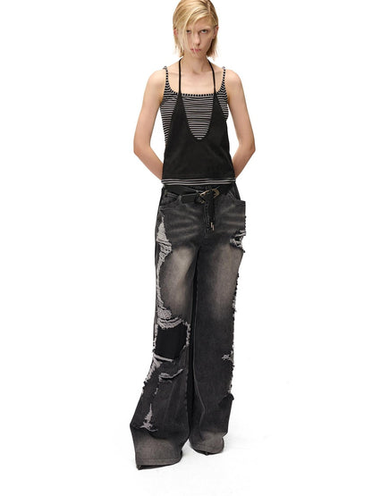 NORTH NODE Striped Faux Layered Halter Neck Patchwork Women&