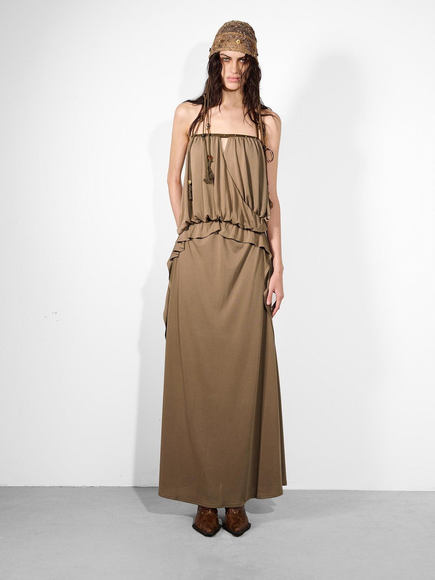 NORTH NODE Studded Spliced Ruffle Cinched Bustier Women&