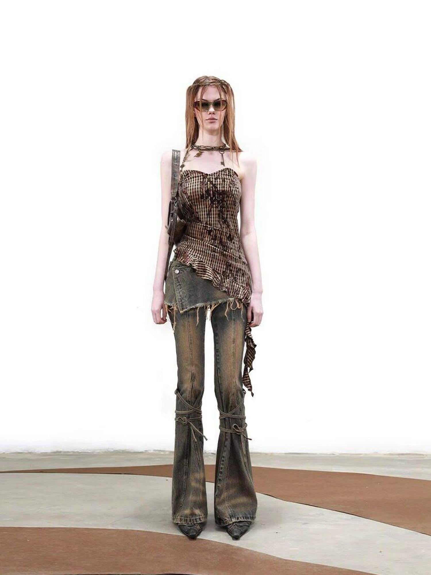 NORTH NODE Terrain Textured Plaid Asymmetrical Ruffle Women&
