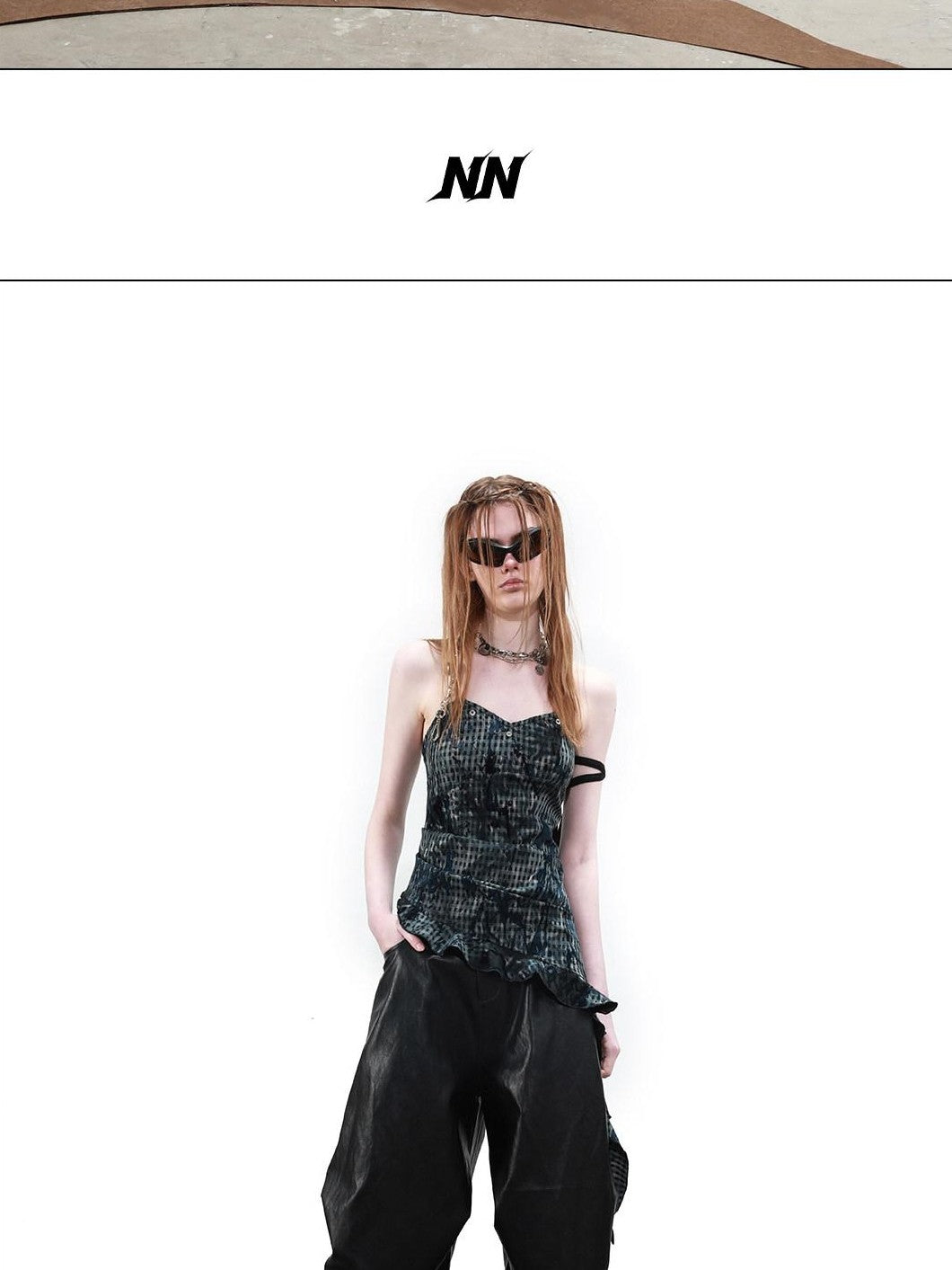 NORTH NODE Terrain Textured Plaid Asymmetrical Ruffle Women&