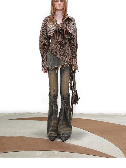 NORTH NODE Terrain Textured Plaid Asymmetrical Ruffle Women&