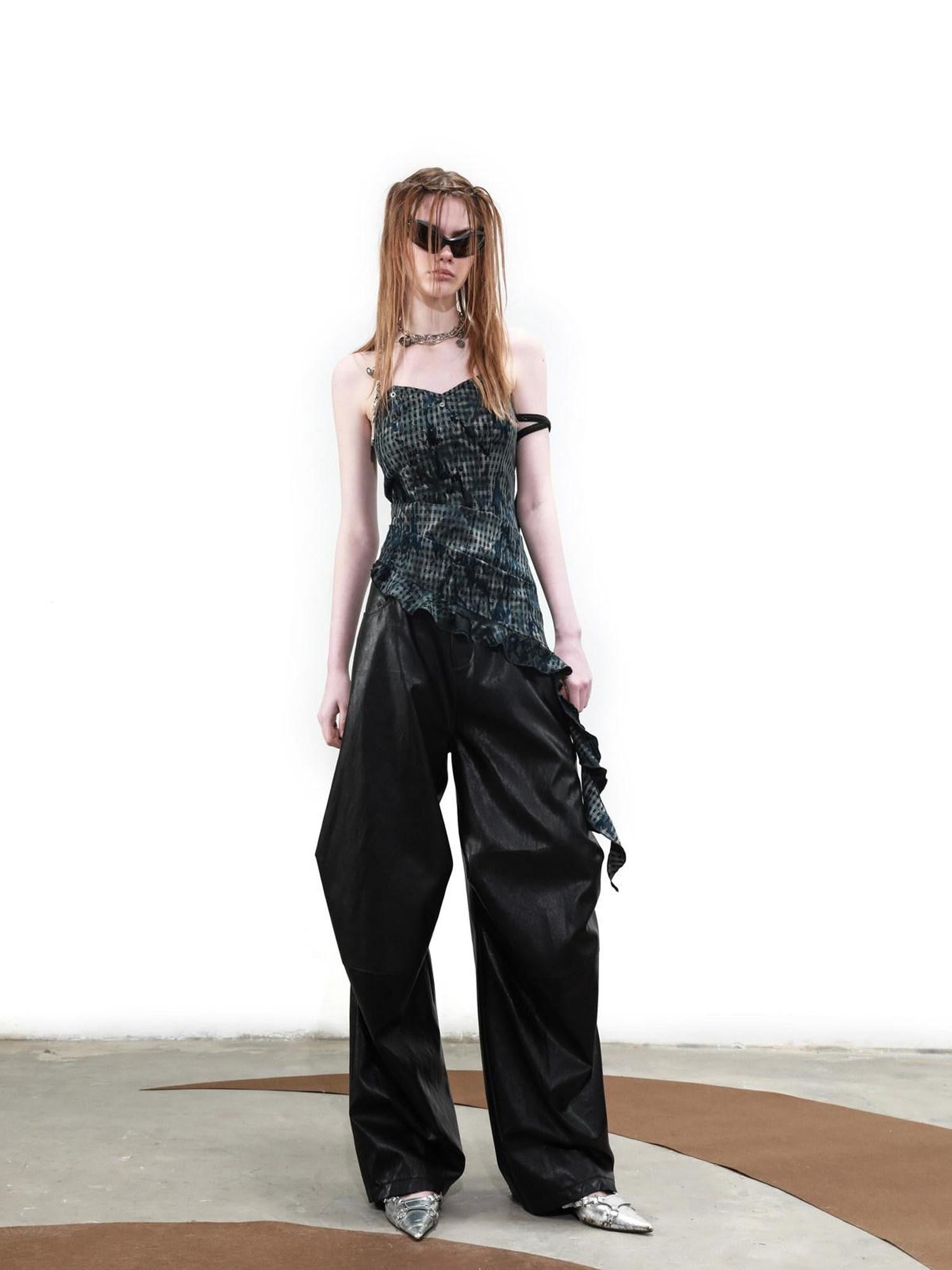 NORTH NODE Terrain Textured Plaid Asymmetrical Ruffle Women&