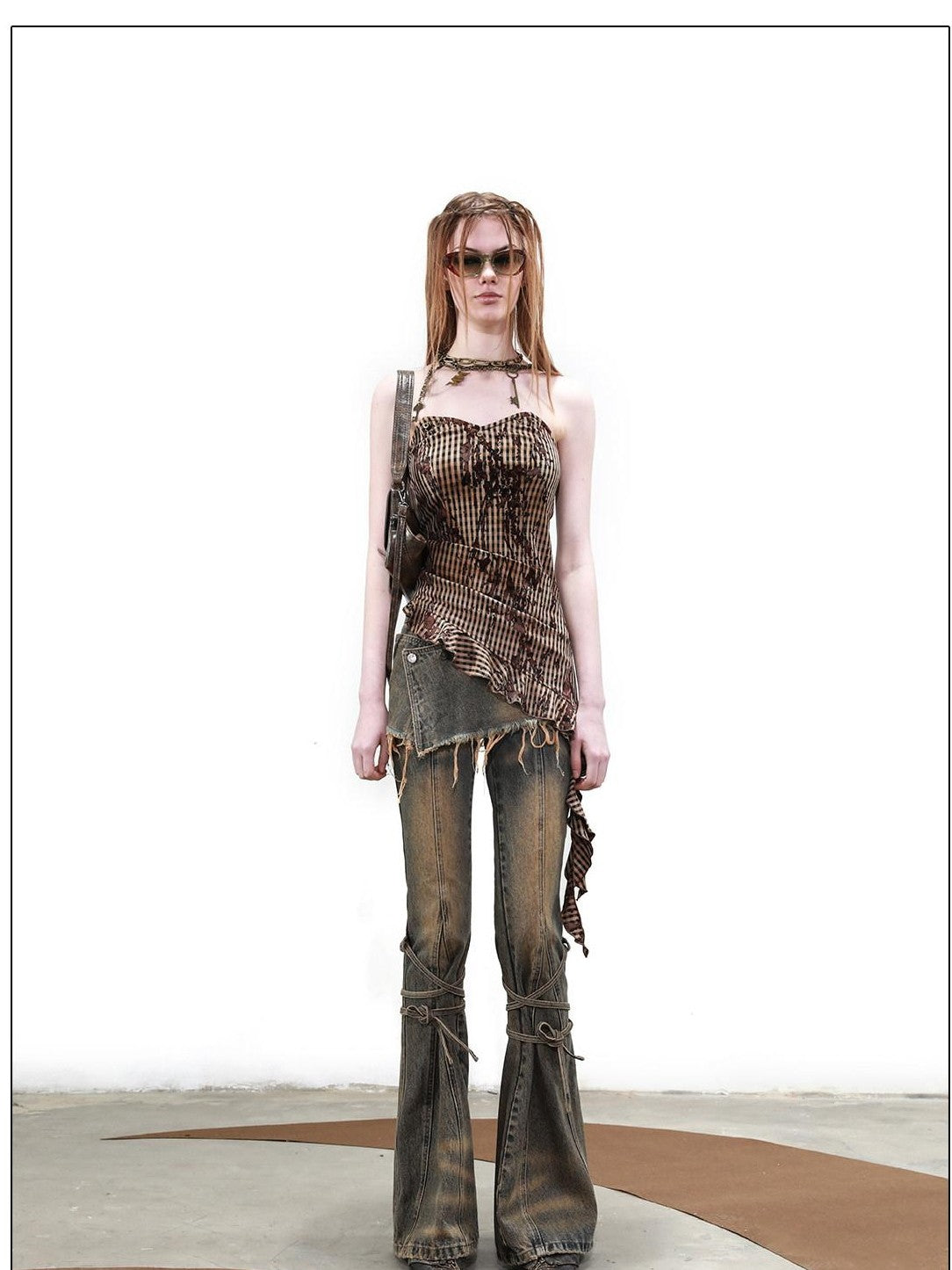 NORTH NODE Terrain Textured Plaid Asymmetrical Ruffle Women&