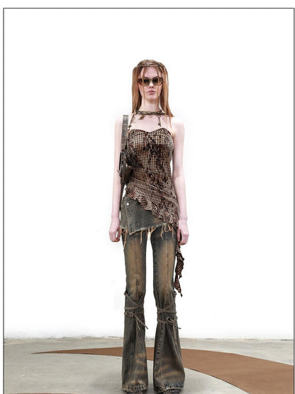 NORTH NODE Terrain Textured Plaid Asymmetrical Ruffle Women&