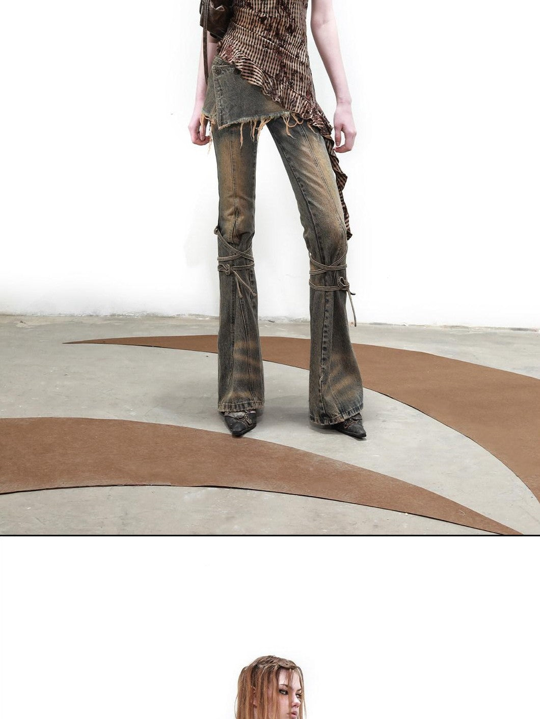 NORTH NODE Terrain Textured Plaid Asymmetrical Ruffle Women&