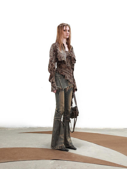 NORTH NODE Topographic Landform Textured Plaid Overshirt Check Women&