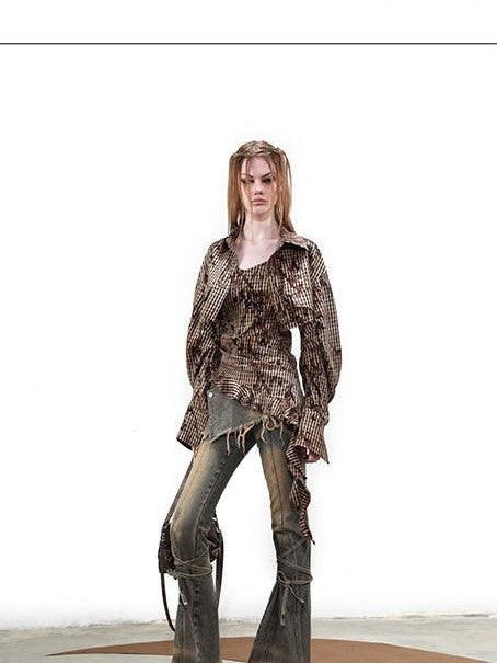 NORTH NODE Topographic Landform Textured Plaid Overshirt Check Women&