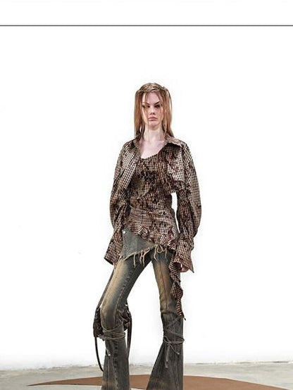 NORTH NODE Topographic Landform Textured Plaid Overshirt Check Women&