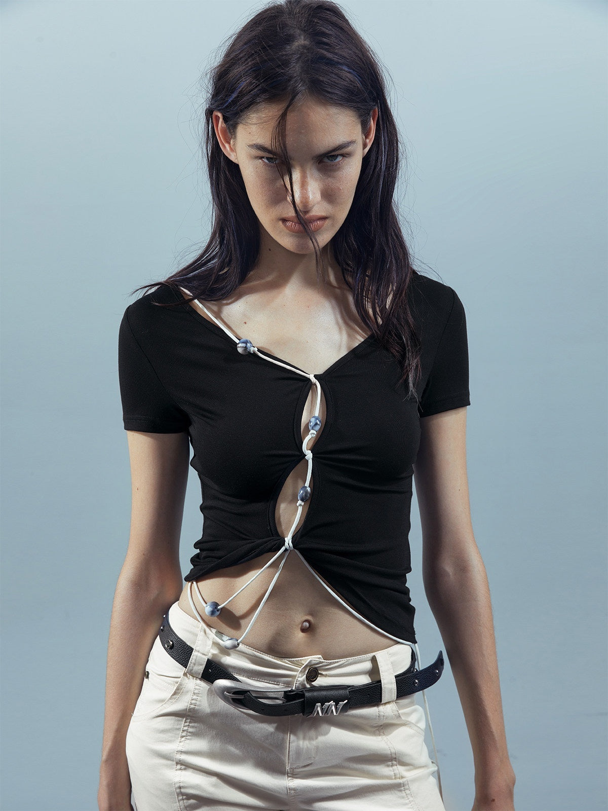 NORTH_NODE_V-neck_Cutout_Beaded_Tie_Short_Sleeve_Women&