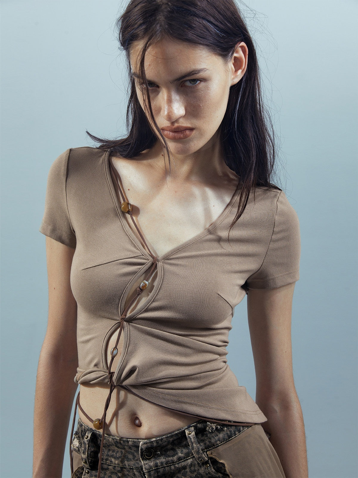 NORTH_NODE_V-neck_Cutout_Beaded_Tie_Short_Sleeve_Women&