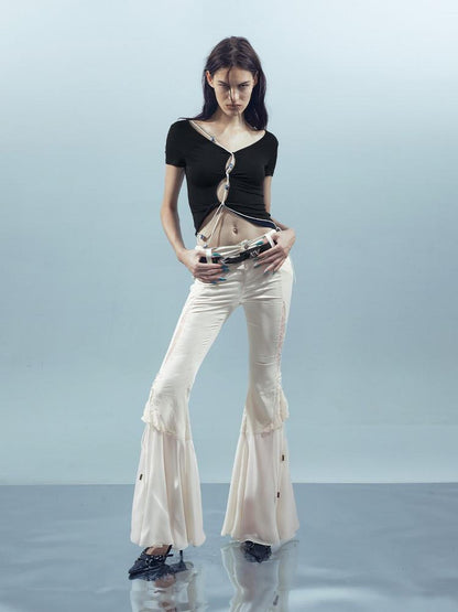 NORTH NODE V-neck Cutout Beaded Tie Short Sleeve Women&