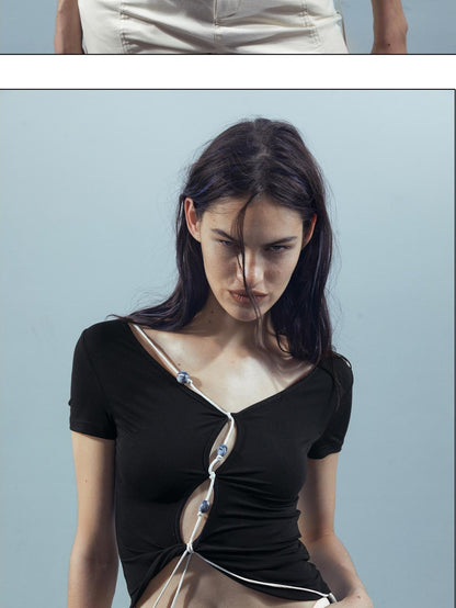 NORTH NODE V-neck Cutout Beaded Tie Short Sleeve Women&