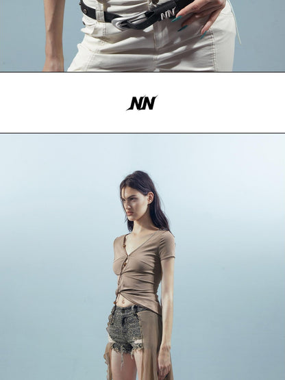 NORTH NODE V-neck Cutout Beaded Tie Short Sleeve Women&