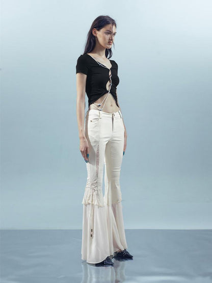 NORTH NODE V-neck Cutout Beaded Tie Short Sleeve Women&