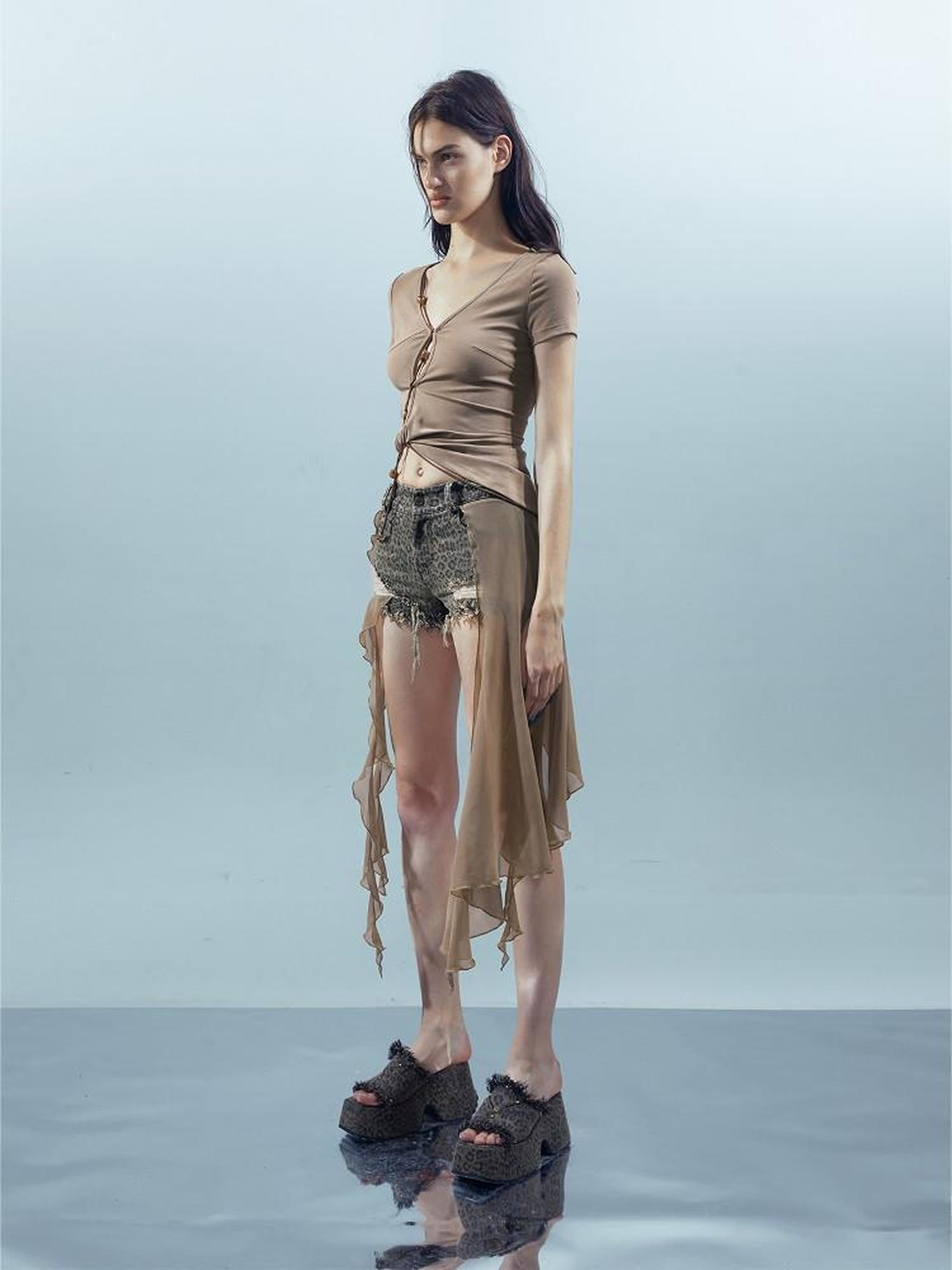 NORTH NODE V-neck Cutout Beaded Tie Short Sleeve Women&