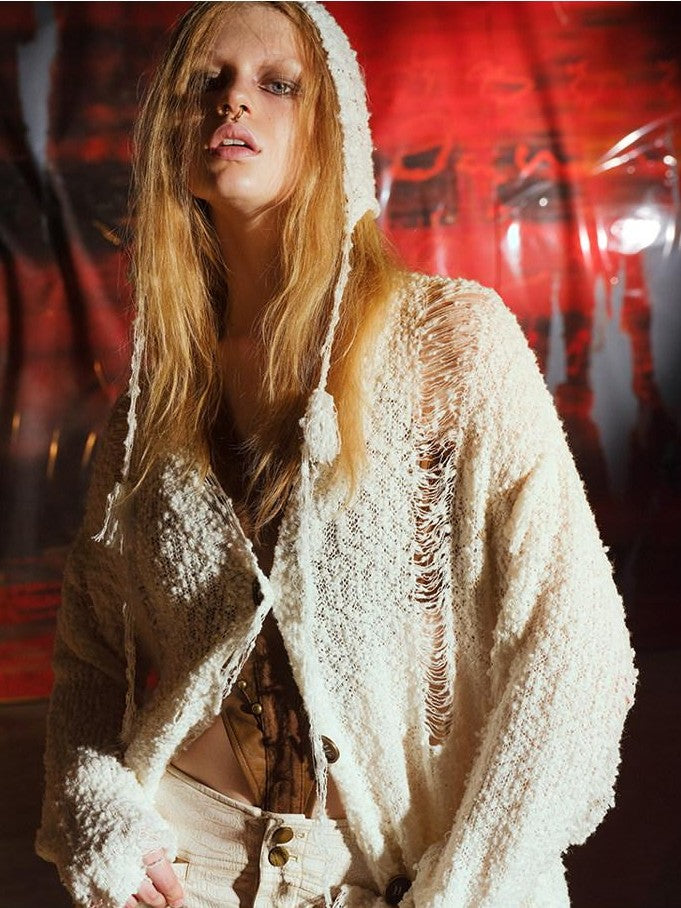 NORTH NODE V-neck Oversized Distressed Hole Single Button Women&