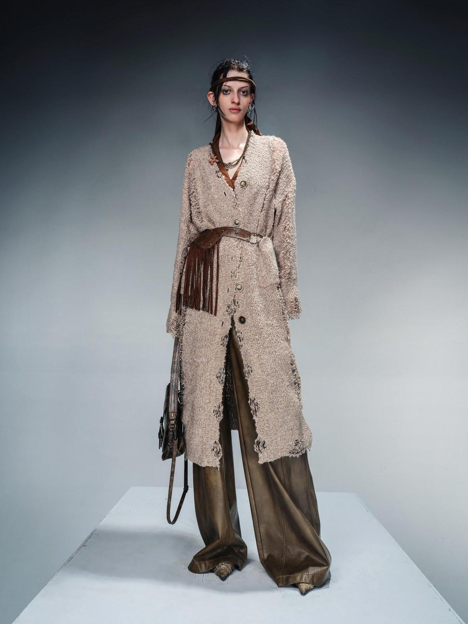 NORTH NODE V-neck Oversized Distressed Hole Single Button Women&