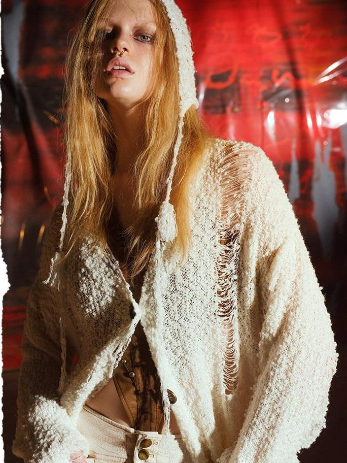 NORTH NODE V-neck Oversized Distressed Hole Single Button Women&