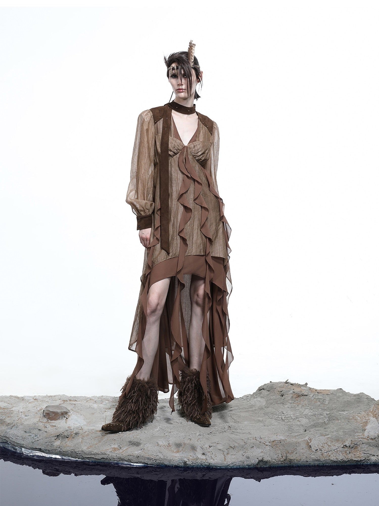 NORTH NODE V-neck Patchwork Ruffle Irregular Women&