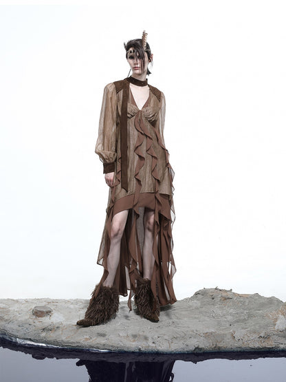 NORTH NODE V-neck Patchwork Ruffle Irregular Women&