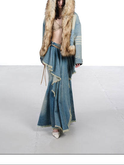 NORTH NODE Vintage Blue Washed Distressed Asymmetrical Raw Hem Women&