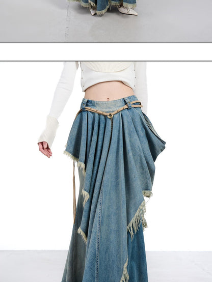 NORTH NODE Vintage Blue Washed Distressed Asymmetrical Raw Hem Women&