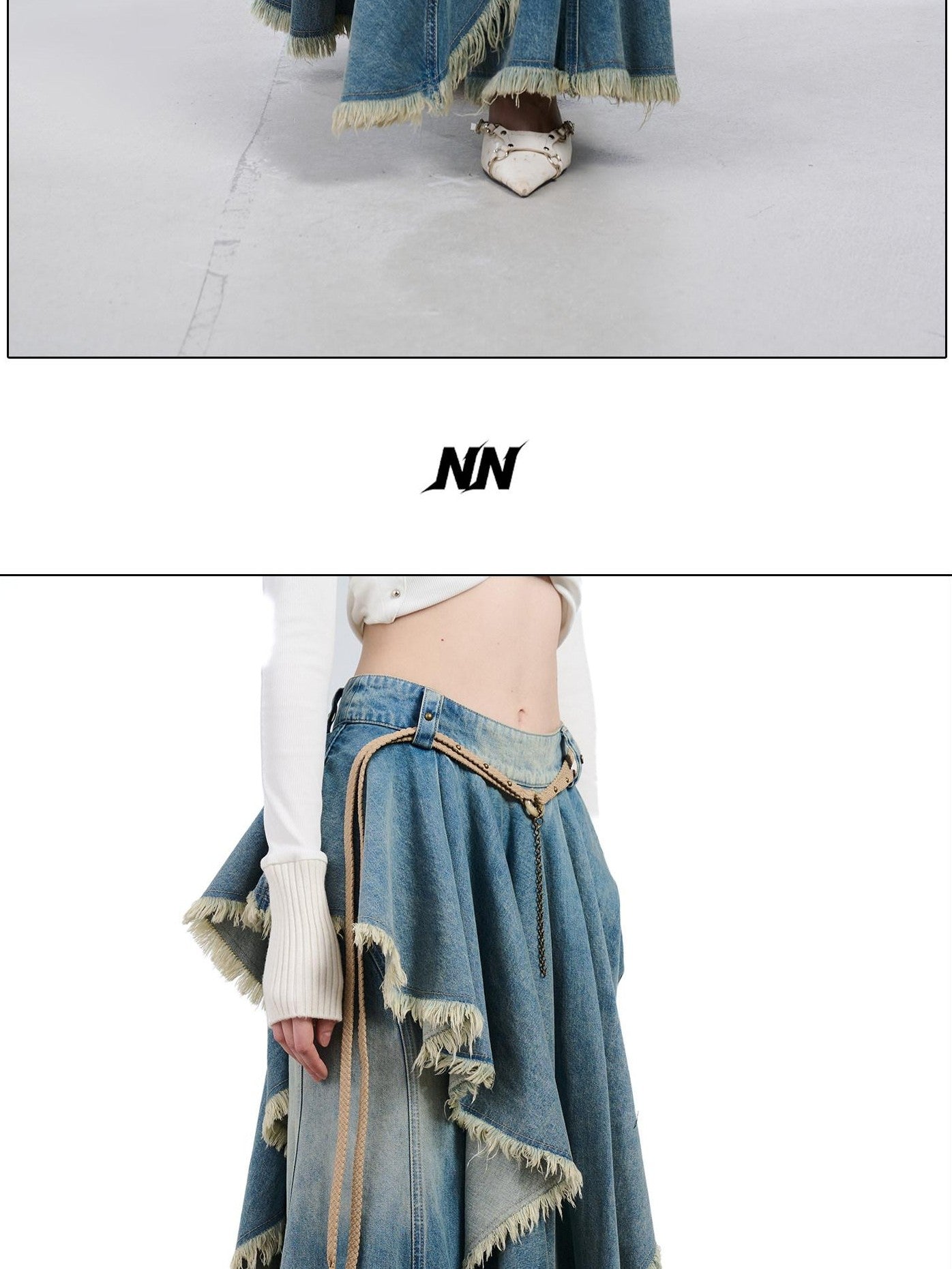 NORTH NODE Vintage Blue Washed Distressed Asymmetrical Raw Hem Women&