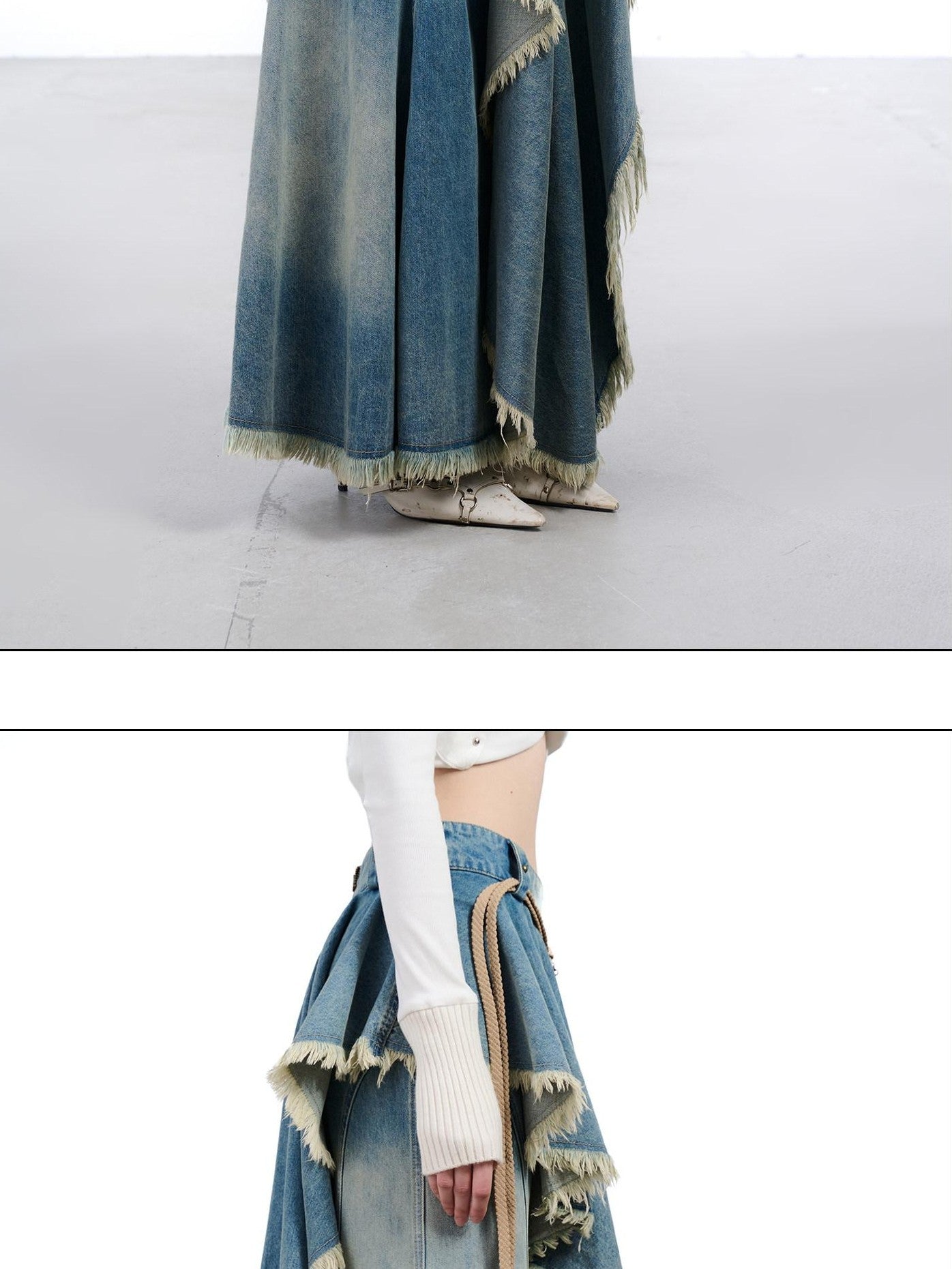 NORTH NODE Vintage Blue Washed Distressed Asymmetrical Raw Hem Women&